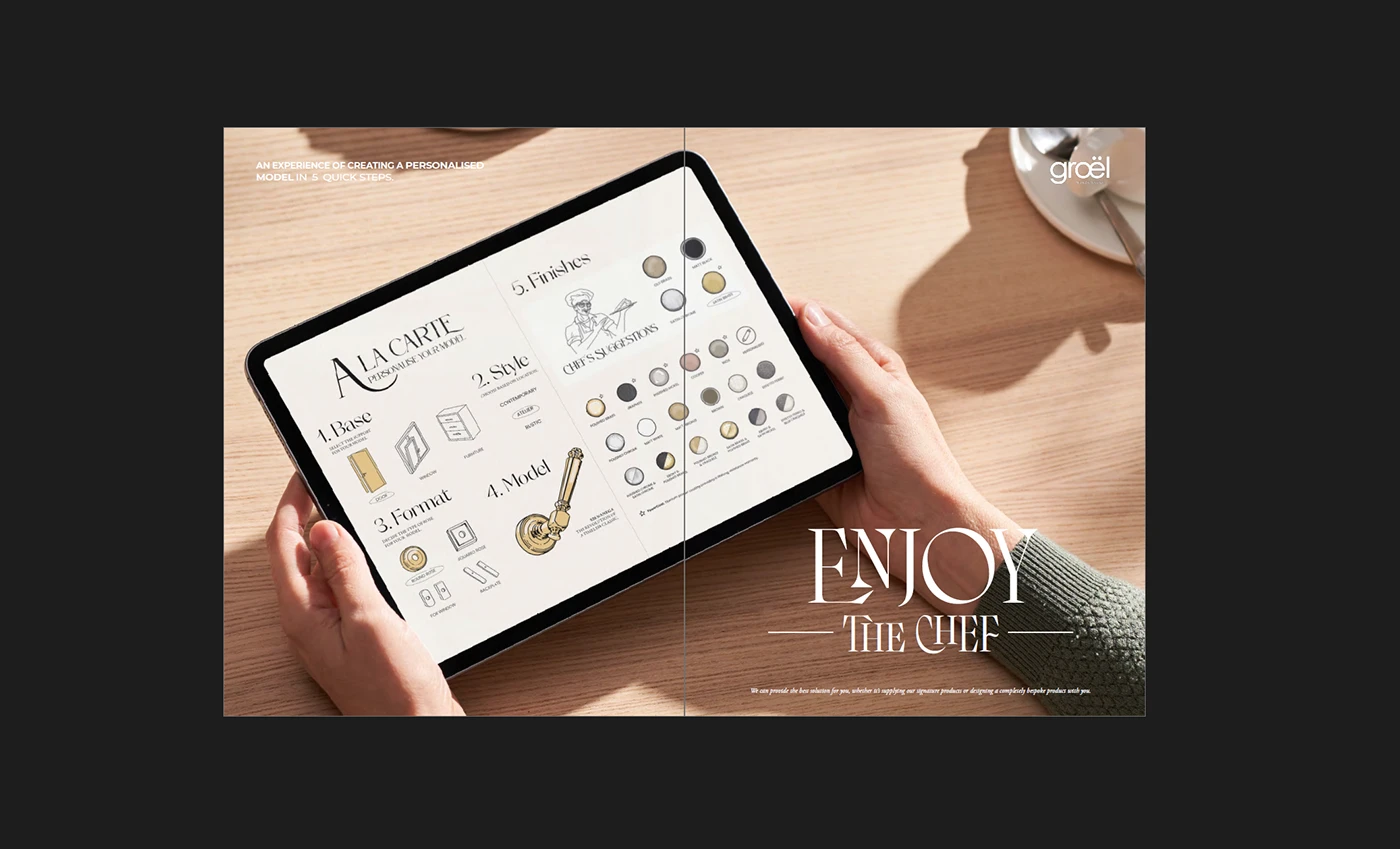 Enjoy the Chef: la carta de personalización à la carte en una tablet — base, estilo, formato, modelo y acabados con las sugerencias del chef