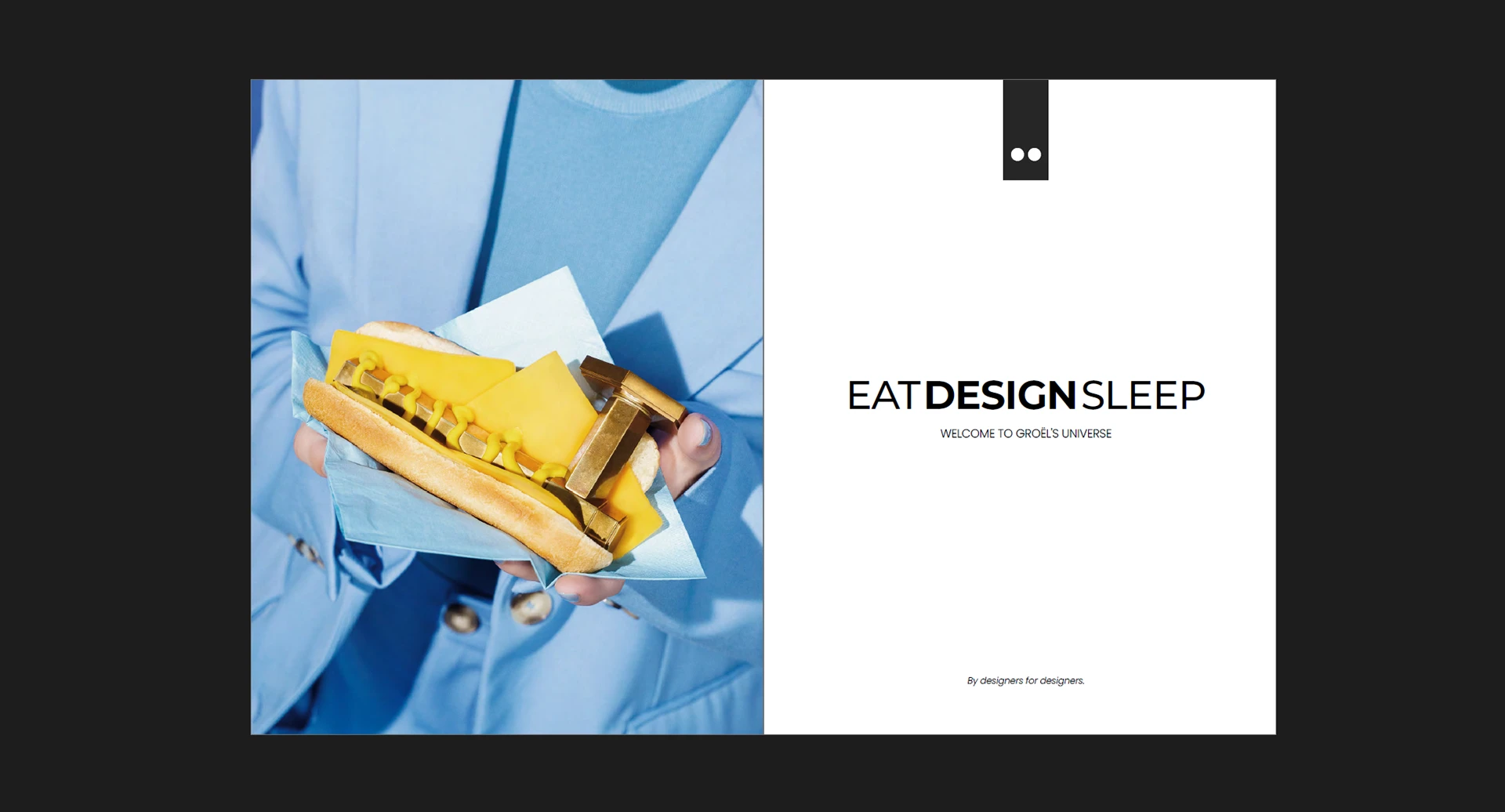 Doble página Eat Design Sleep: un hot dog con una manilla de latón entre el queso, sostenido por alguien en traje azul