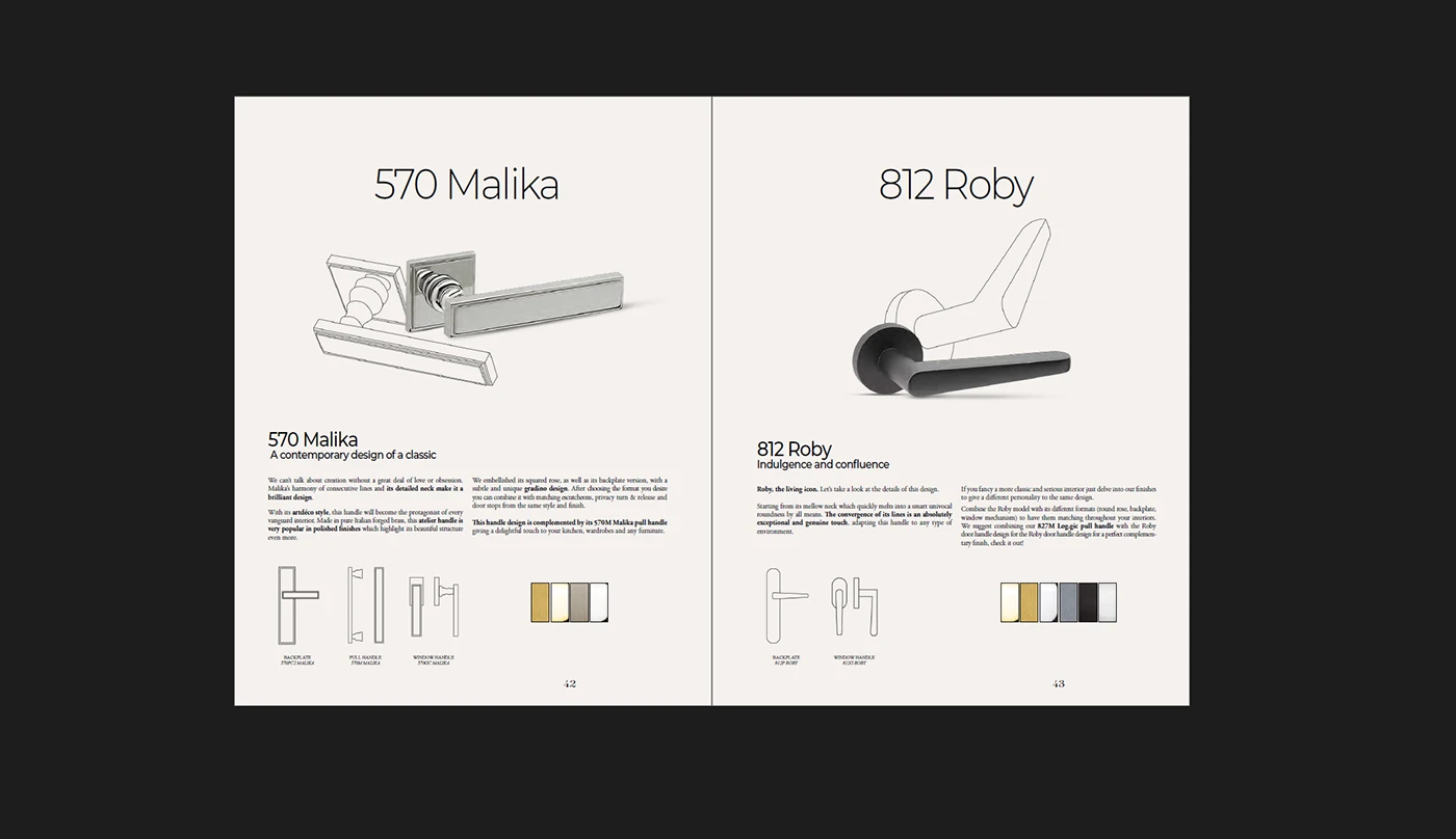 Doble página de producto: 570 Malika y 812 Roby, mitad render y mitad línea técnica, con sus paletas de acabados