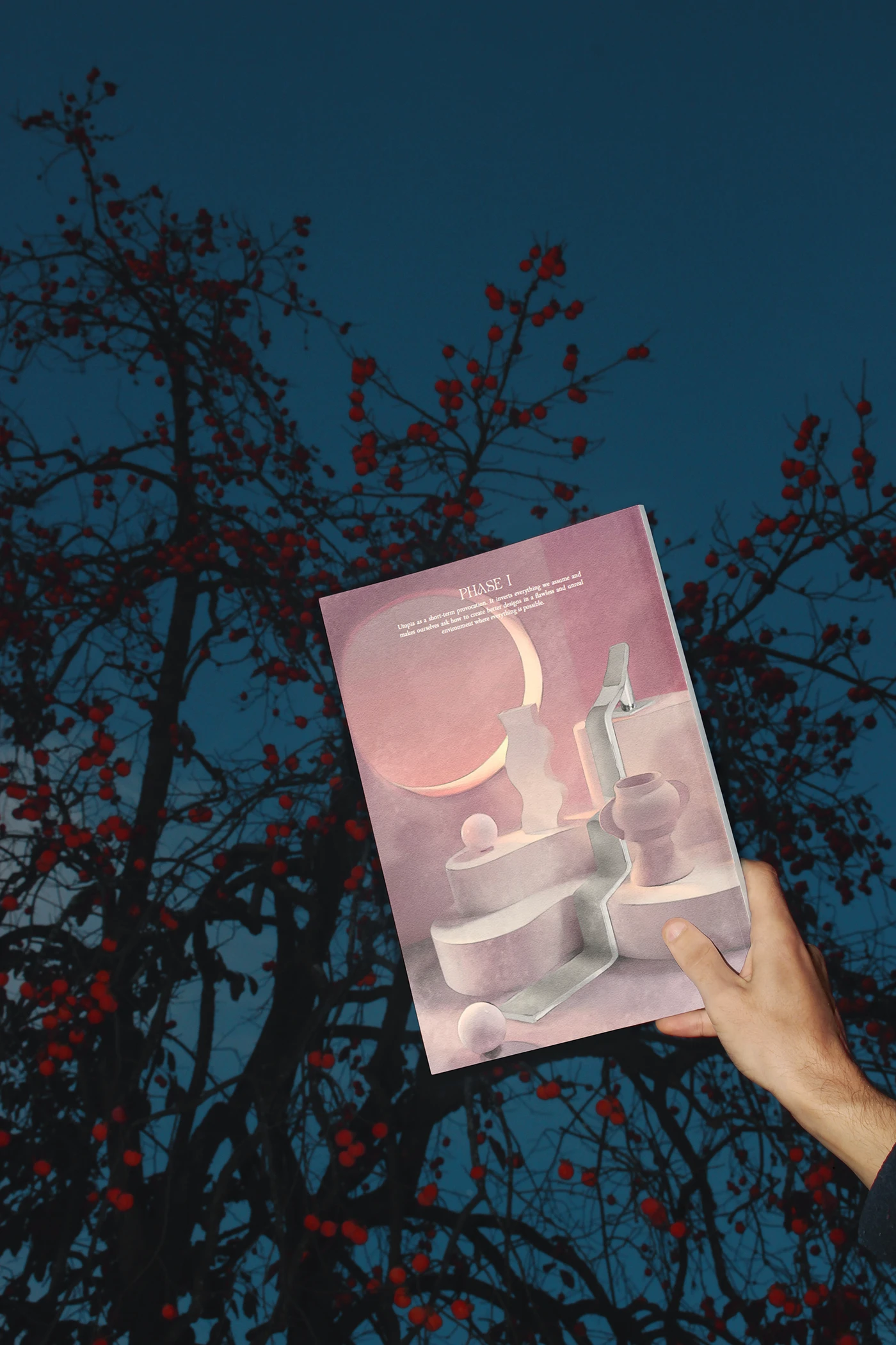 Phase I: bodegón acuarelado en rosas — utopía como provocación — con la revista sostenida contra un cielo de ramas y frutos rojos