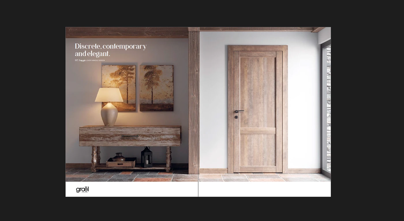 Doble página Discrete, contemporary and elegant: la manilla Log.gic en su hábitat — una puerta de madera en un interior rústico