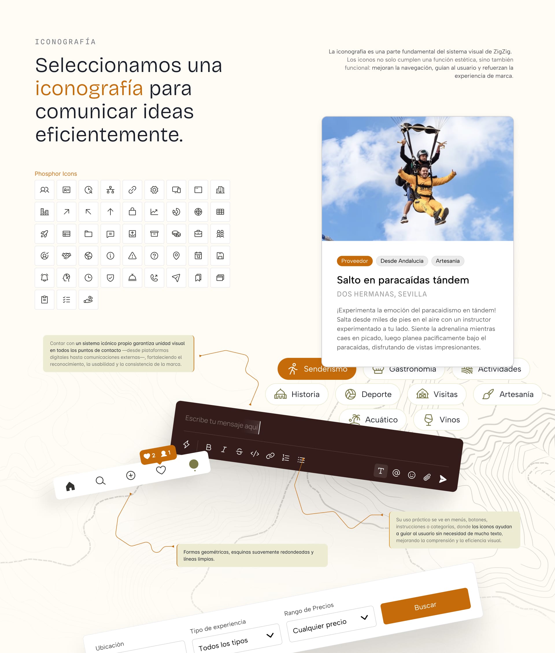 Lámina de iconografía del brand book: la librería Phosphor Icons aplicada a menús, filtros y tarjetas de actividad