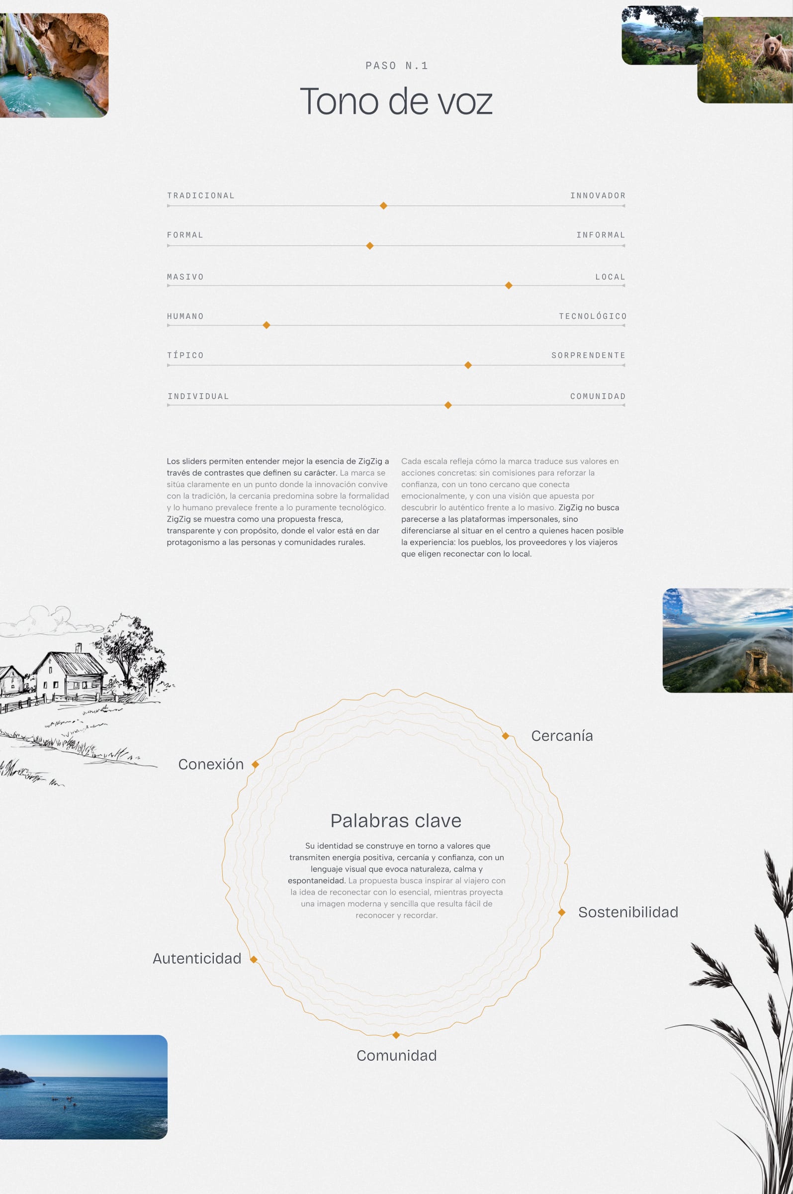 Página del brand book con los seis sliders de tono de voz de ZigZig (tradicional-innovador, formal-informal, masivo-local, humano-tecnológico, típico-sorprendente, individual-comunidad) y el círculo de palabras clave