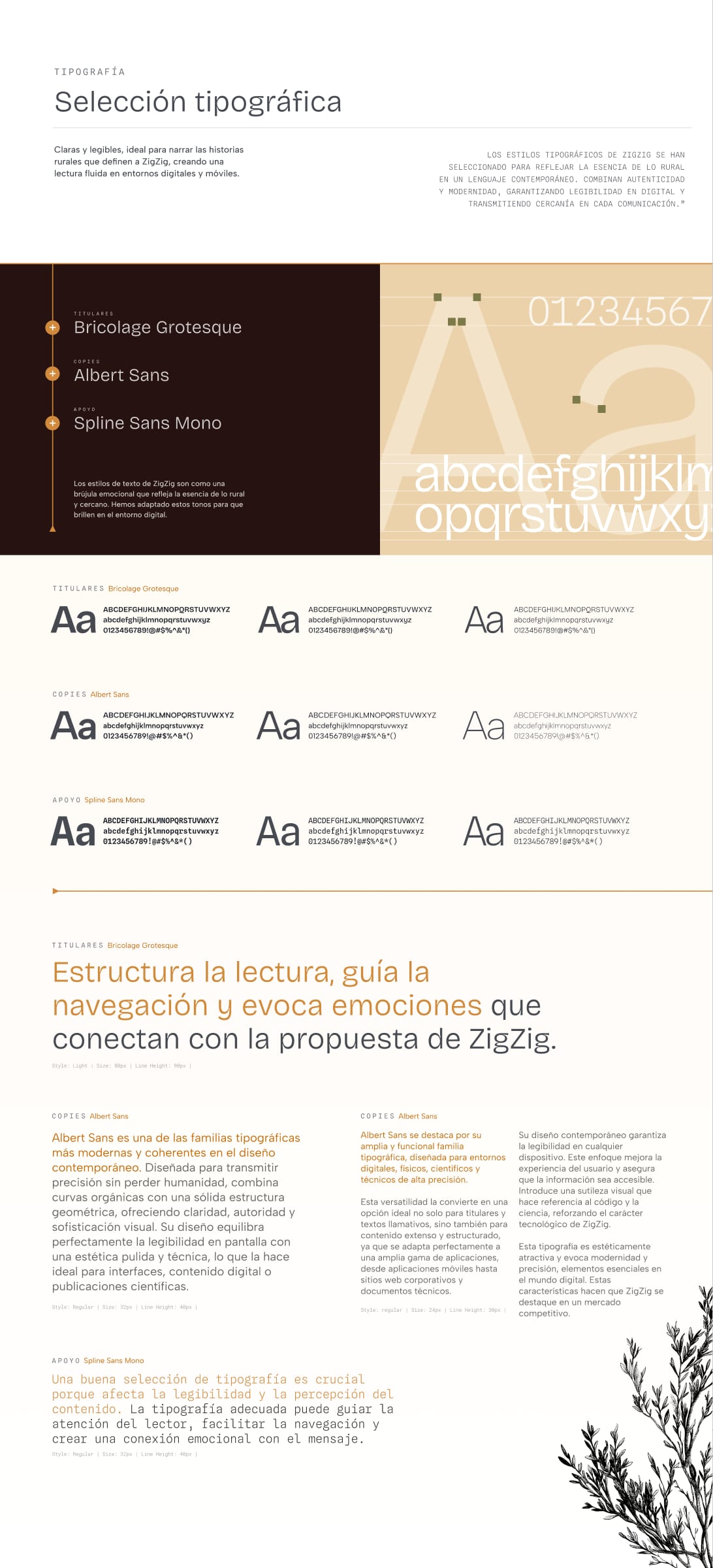 Lámina completa de tipografía del brand book: Bricolage Grotesque, Albert Sans y Spline Sans Mono con specimen de alfabeto y racional de cada familia